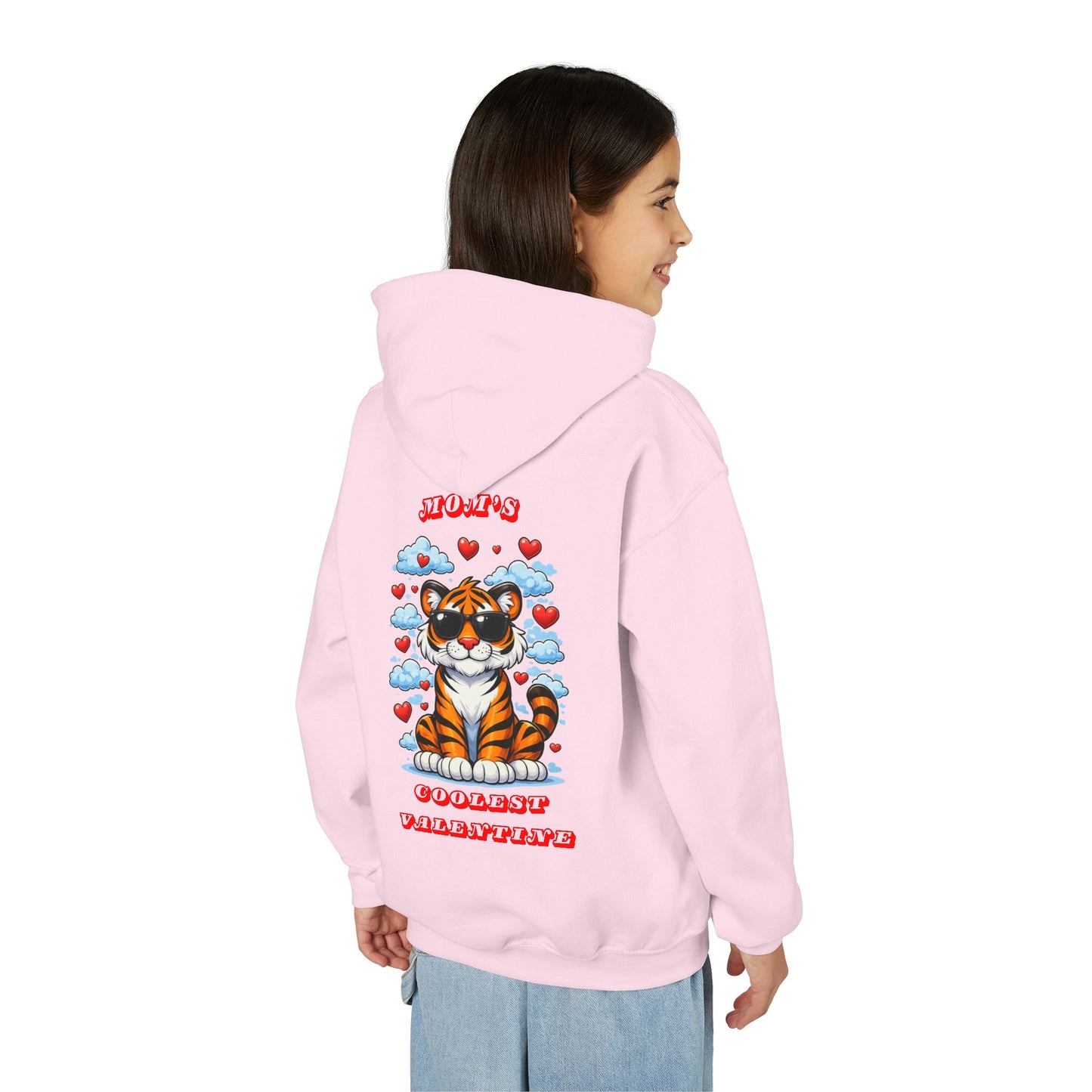 Youth Hoodie — Mom's Coolest Valentine - Cat with Sunglasses & Hearts — Kids Graphic Sweatshirt Hoodie