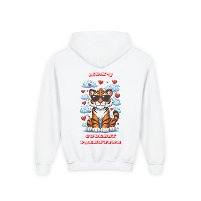 Youth Hoodie — Mom's Coolest Valentine - Cat with Sunglasses & Hearts — Kids Graphic Sweatshirt Hoodie