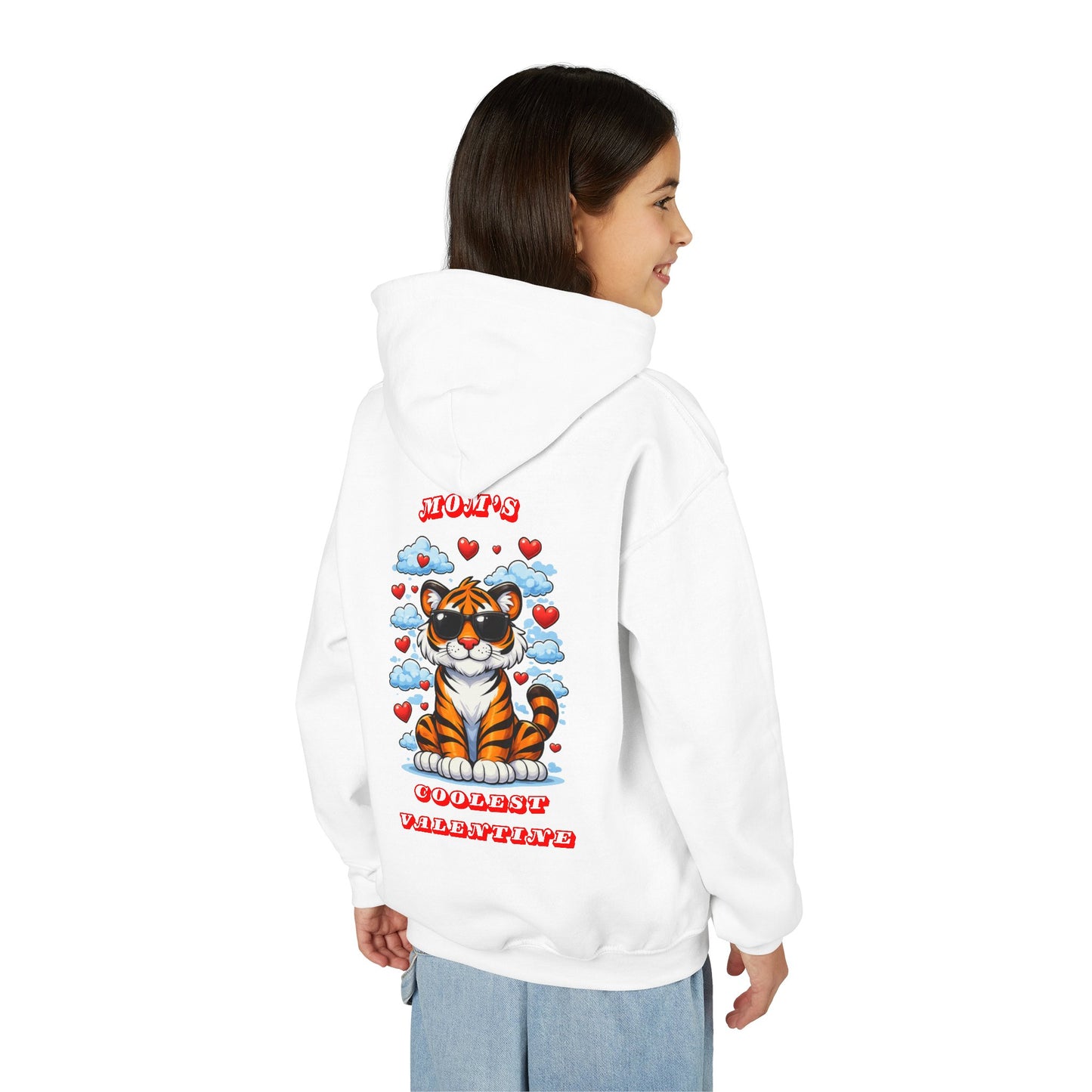 Youth Hoodie — Mom's Coolest Valentine - Cat with Sunglasses & Hearts — Kids Graphic Sweatshirt Hoodie