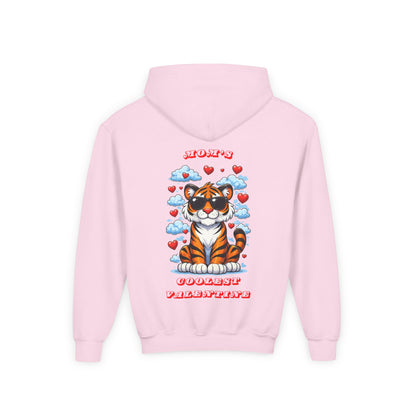 Youth Hoodie — Mom's Coolest Valentine - Cat with Sunglasses & Hearts — Kids Graphic Sweatshirt Hoodie