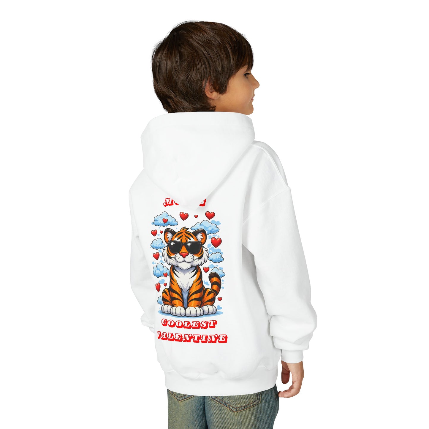 Youth Hoodie — Mom's Coolest Valentine - Cat with Sunglasses & Hearts — Kids Graphic Sweatshirt Hoodie